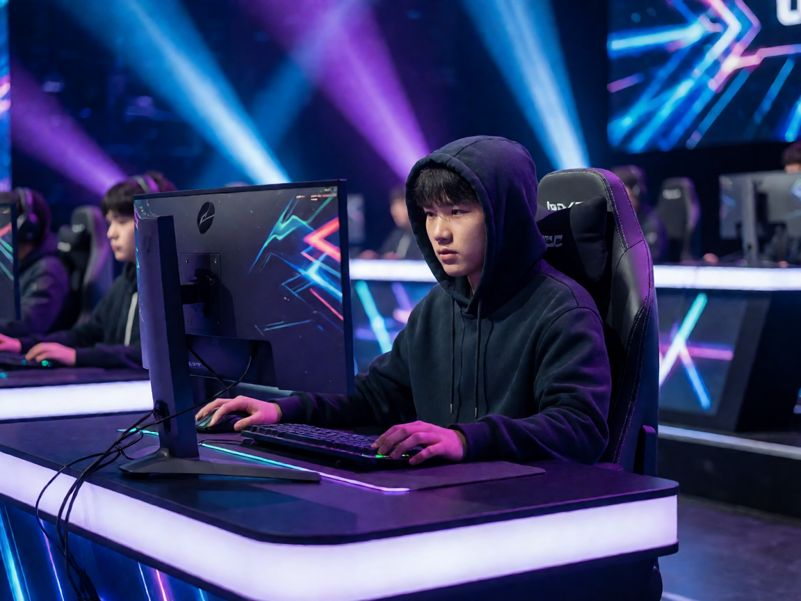电竞比赛现场，选手专注操作屏幕，舞台灯光炫目