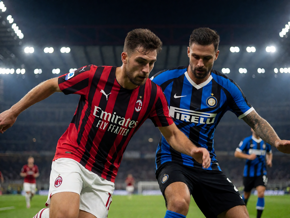 AC米兰圣西罗球场夜间比赛灯光下的激烈对抗场景